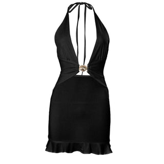 Ruffle halter self tie deep v neck mini dress