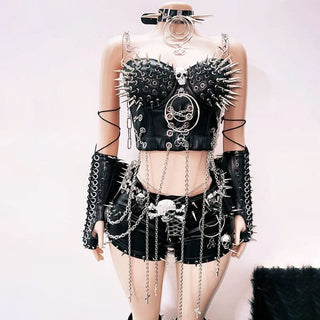 Metal chain skull applique rivet gloves cami top
