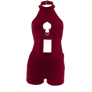 Halter hollow out button solid crop pant set