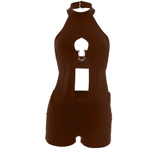 Halter hollow out button solid crop pant set