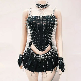 Rivet PU leather skull applique lace up cami top