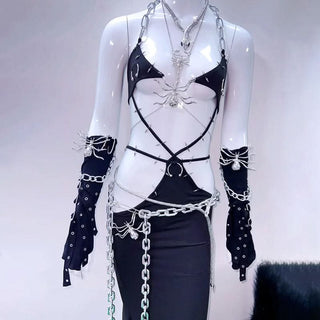 Halter metal chain spider applique hollow out dress