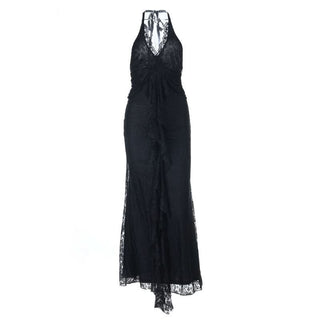 Halter self tie lace hem v neck maxi dress