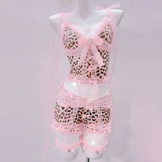 Lace hem leopard print bowknot skirt set