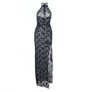 Halter self tie slit see through lace maxi dress