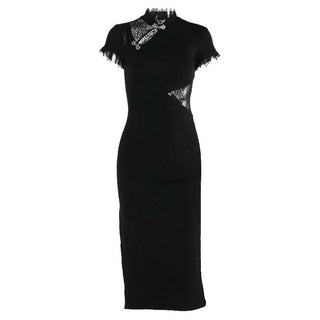 Short sleeve slit irregular hollow out cut out midi dress