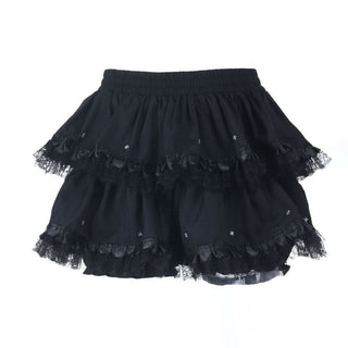 Ruched lace hem A line black mini skirt