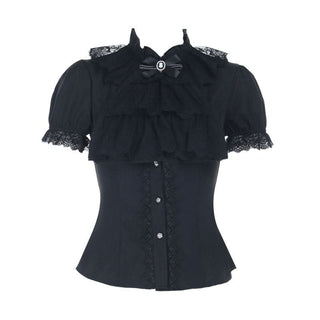 Lace hem bowknot short sleeve black top
