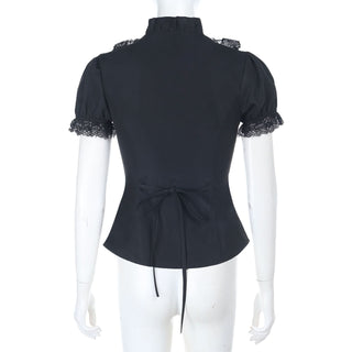Lace hem bowknot short sleeve black top