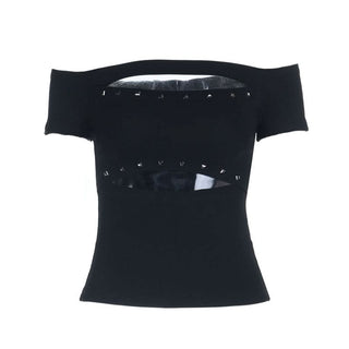 Hollow out off shoulder beaded short sleeve cut out top