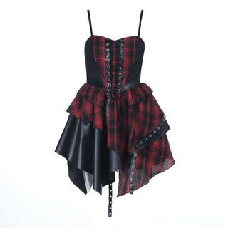 Lace up irregular plaid cami mini dress