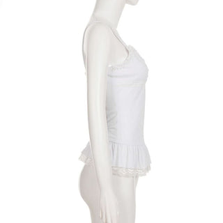 Ruched lace hem v neck white cami top