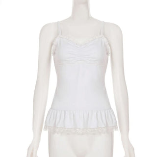 Ruched lace hem v neck white cami top