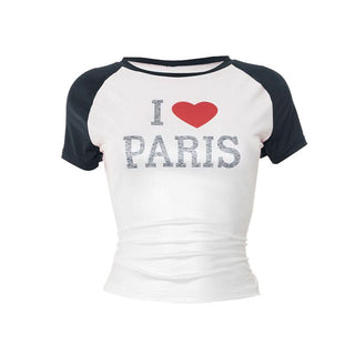 Crewneck short sleeve letter pattern contrast top