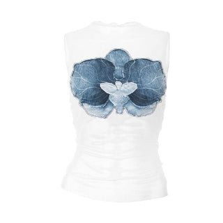 Mesh ruffle flower pattern crewneck top