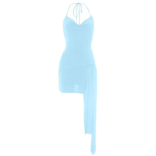 Cowl neck halter self tie irregular mini dress