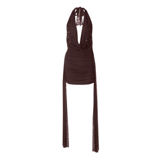 Halter cowl neck self tie water drop applique mini dress  | Festival Outfits Women