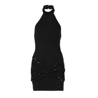 Glitter ruched button halter backless mini dress  | Festival Outfits Women