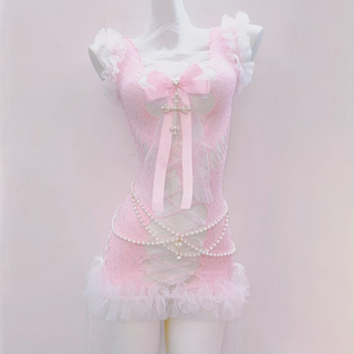 Bowknot cross applique ruffle hollow out beaded mini dress | Pastel Goth  | Festival Outfits Women