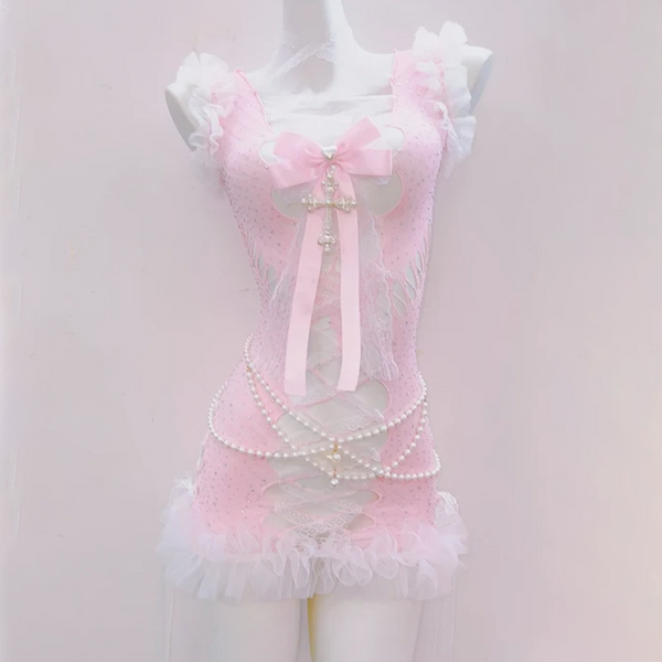 Bowknot cross applique ruffle hollow out beaded mini dress | Pastel Goth  | Festival Outfits Women