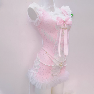 Bowknot cross applique ruffle hollow out beaded mini dress | Pastel Goth  | Festival Outfits Women