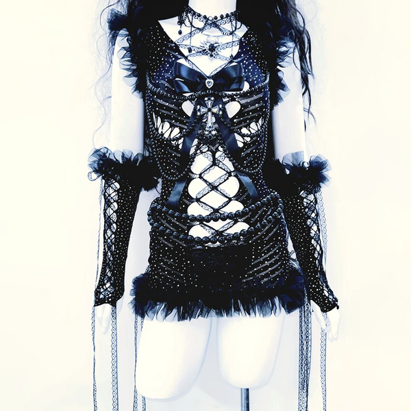 Hollow out beaded bowknot gloves ruffle mini dress  | Festival Outfits Women