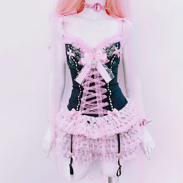 Bowknot v neck ruffle skull applique cami mini dress | Pastel Goth  | Festival Outfits Women