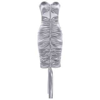 Hollow out ruched metallic tube mini dress