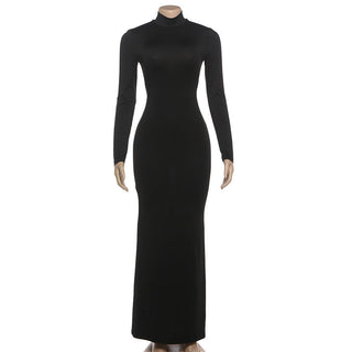 Long sleeve high neck backless self tie maxi dress
