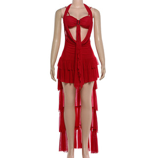 Self tie halter hollow out ruffle mesh mini dress