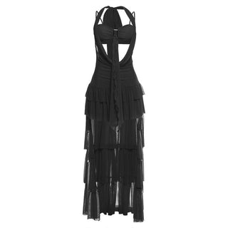 Self tie halter hollow out ruffle mesh mini dress