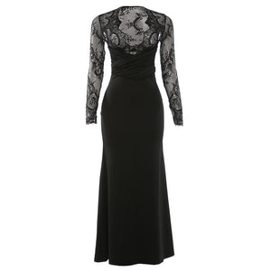 Long sleeve lace patchwork v neck maxi dress