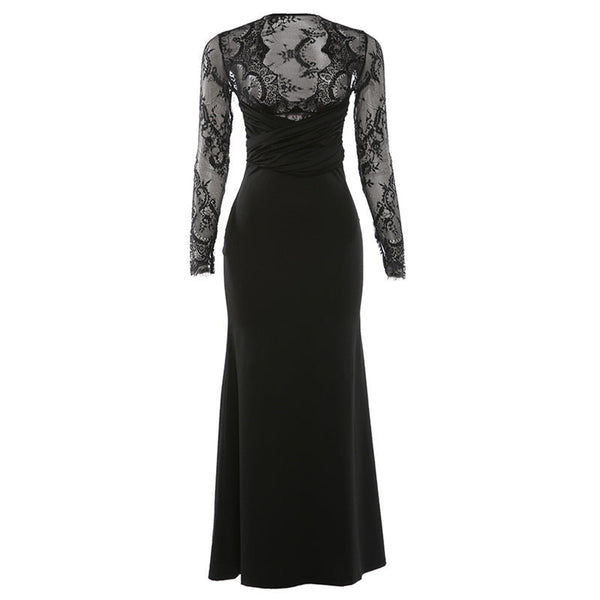 Long sleeve lace patchwork v neck maxi dress