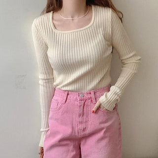 (5 colors) Ribbed Square Neck Knit Top