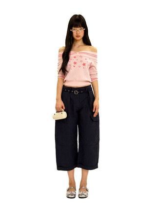 [Moromoro2] Off-Shoulder Star Rhinestone Knit  Top