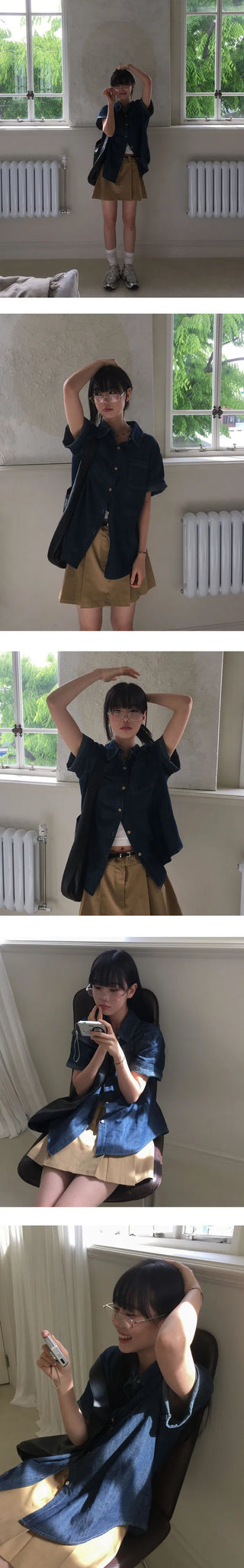 Overfit denim short-sleeved roll-up shirt