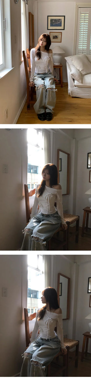 Lace Damage Vintage Faded Light Blue Pants
