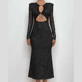 Polka dot contrast hollow out long sleeve mesh cut out midi dress