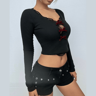 Long sleeve lace hem bowknot crop top