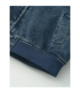 Detachable collar quilted denim zip-up jacket