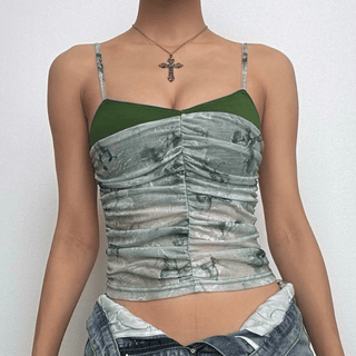 Mesh ruched patchwork print cami top