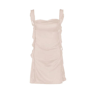 Cowl neck ruffle satin ruched cami mini dress