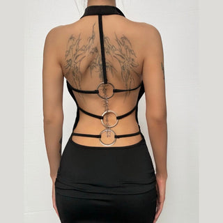 Cowl neck o ring backless mini dress