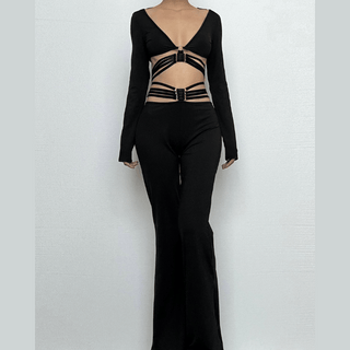 Long sleeve o ring button wide leg low rise pant set