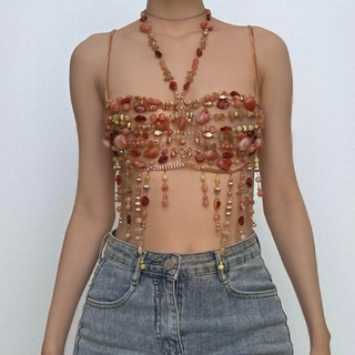 Metal chain hollow out halter beaded cami cut out top
