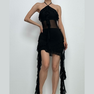 Halter sheer mesh ruffle backless mini dress