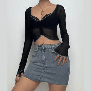 Long sleeve stitch sheer mesh ruffle crop top