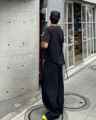 Double-pleated striped slacks