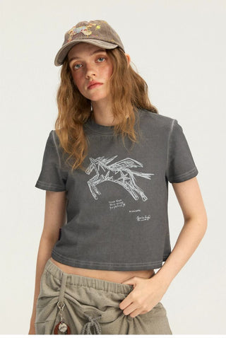 [Monterest] Unicorn Print Slim Fit Cropped Tee
