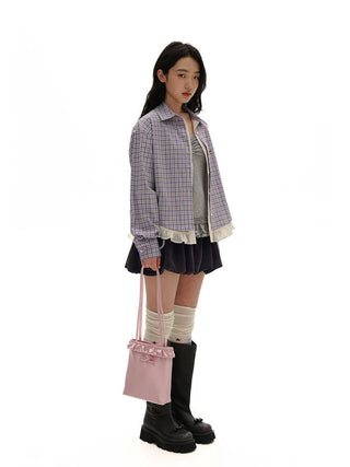 [Moromoro2] Layered Lace Hem Plaid Embroidered  Shirt